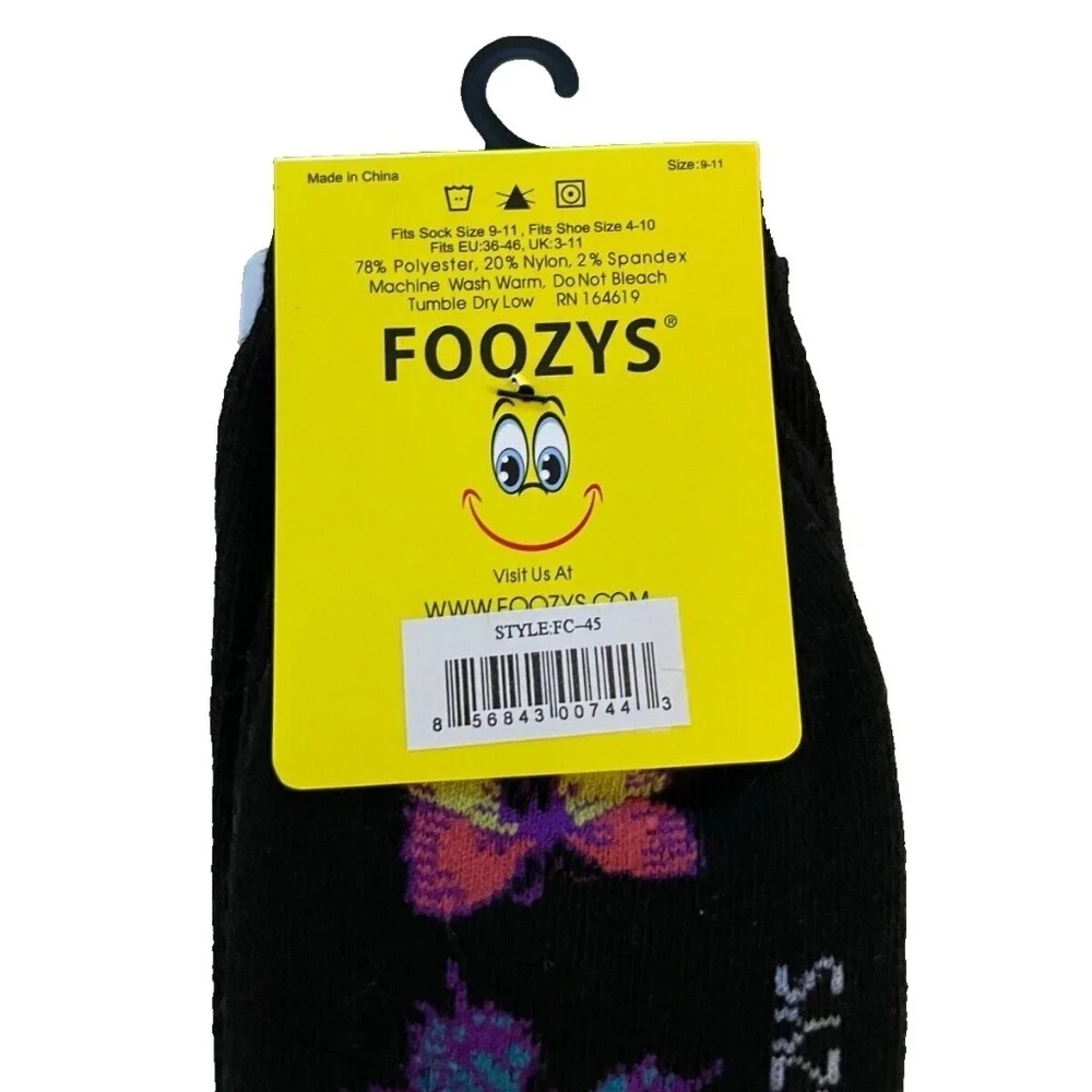 Foozys‎ Women's Crew Socks; Butterflies; Black; Women's Size 9-11
